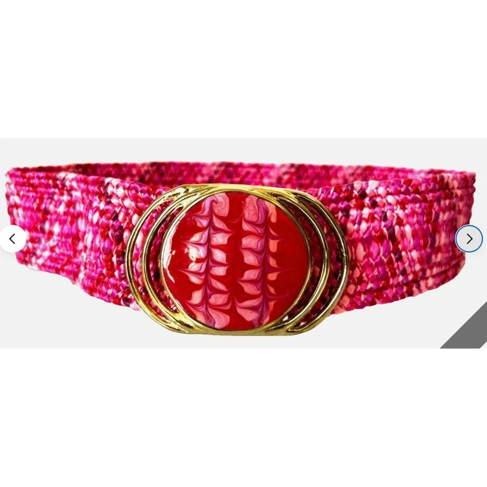 Vintage 80s Pink Woven Cinch Belt S Gold Overlap Circle Swirl Resin Buckle EUC